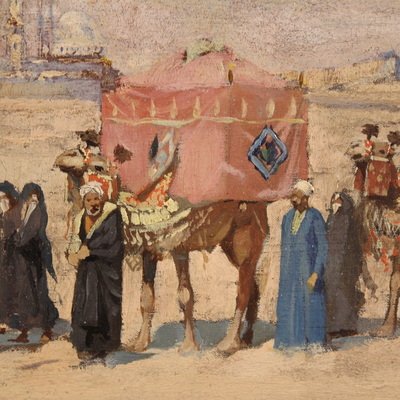 Quadro orientalista firmato A. Rossi e datato 1893, carovana nel deserto -photo-2