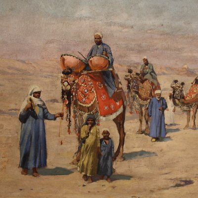 Quadro orientalista firmato A. Rossi e datato 1893, carovana nel deserto -photo-3