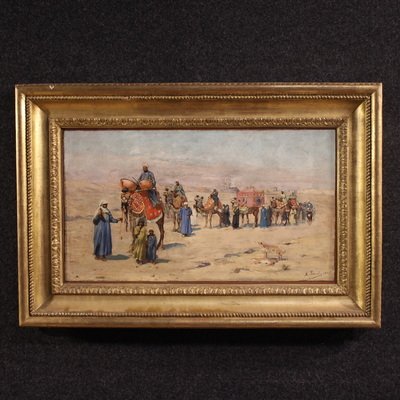 Quadro orientalista firmato A. Rossi e datato 1893, carovana nel deserto 