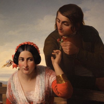 Grande quadro siglato FB e datato 1853, gli innamorati  -photo-4
