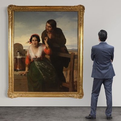 Grande quadro siglato FB e datato 1853, gli innamorati  -photo-6