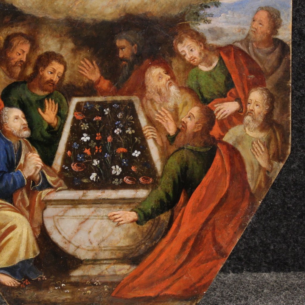 Antico dipinto ad olio su marmo del XVI secolo, Assunzione della Vergine  -photo-3