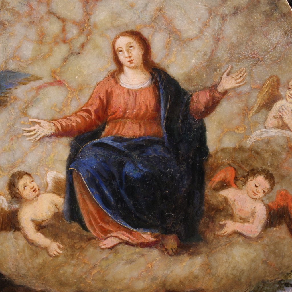 Antico dipinto ad olio su marmo del XVI secolo, Assunzione della Vergine  -photo-4