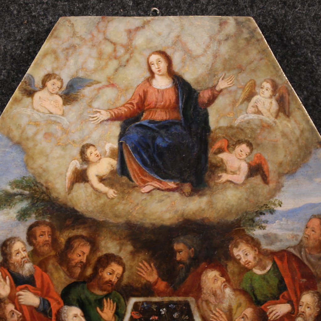 Antico dipinto ad olio su marmo del XVI secolo, Assunzione della Vergine  -photo-2