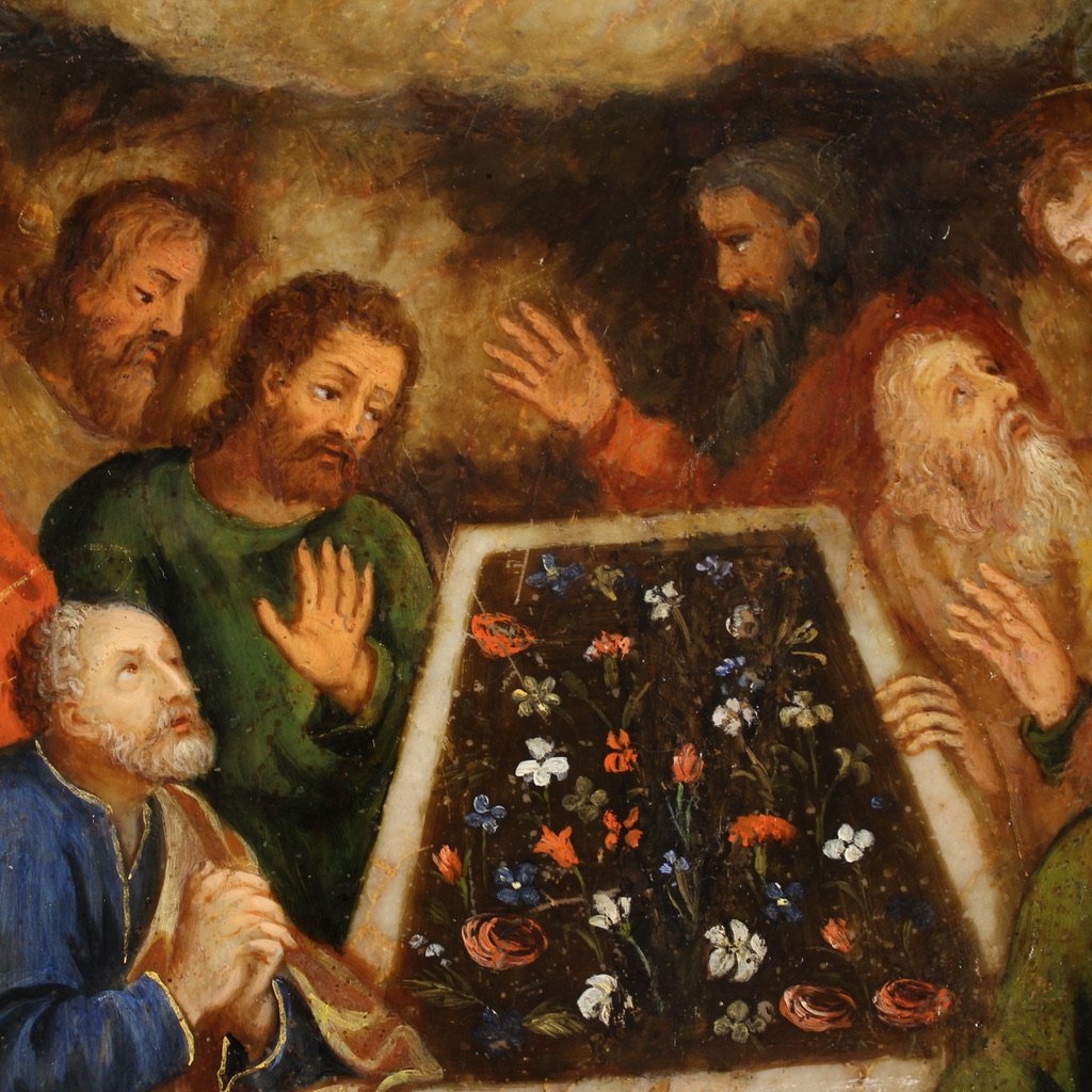 Antico dipinto ad olio su marmo del XVI secolo, Assunzione della Vergine  -photo-4