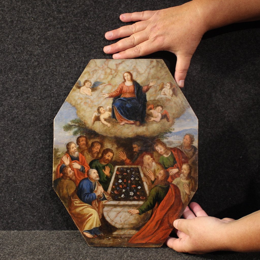 Antico dipinto ad olio su marmo del XVI secolo, Assunzione della Vergine  -photo-6