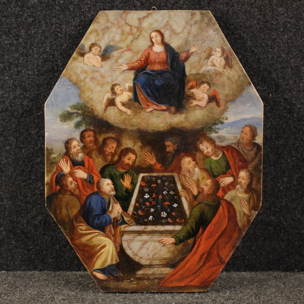Antico dipinto ad olio su marmo del XVI secolo, Assunzione della Vergine  