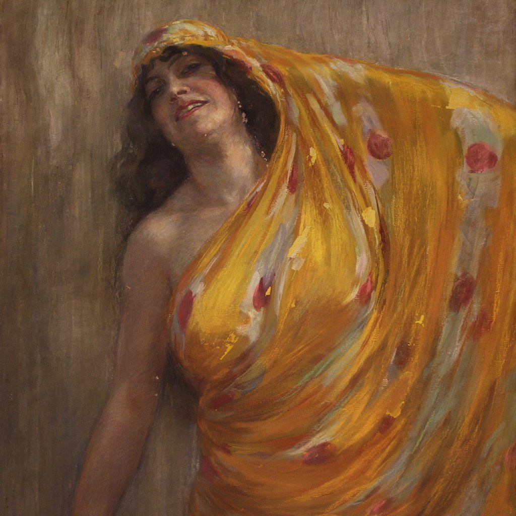 Grande quadro firmato A. Mazza e datato 1912, ritratto di donna orientale  -photo-2