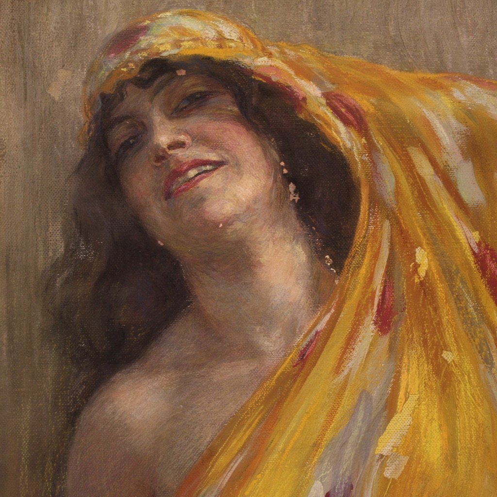 Grande quadro firmato A. Mazza e datato 1912, ritratto di donna orientale  -photo-4