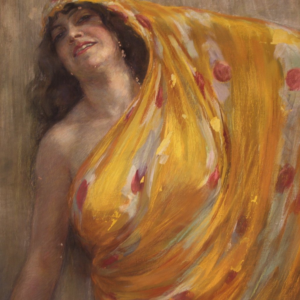 Grande quadro firmato A. Mazza e datato 1912, ritratto di donna orientale  -photo-3
