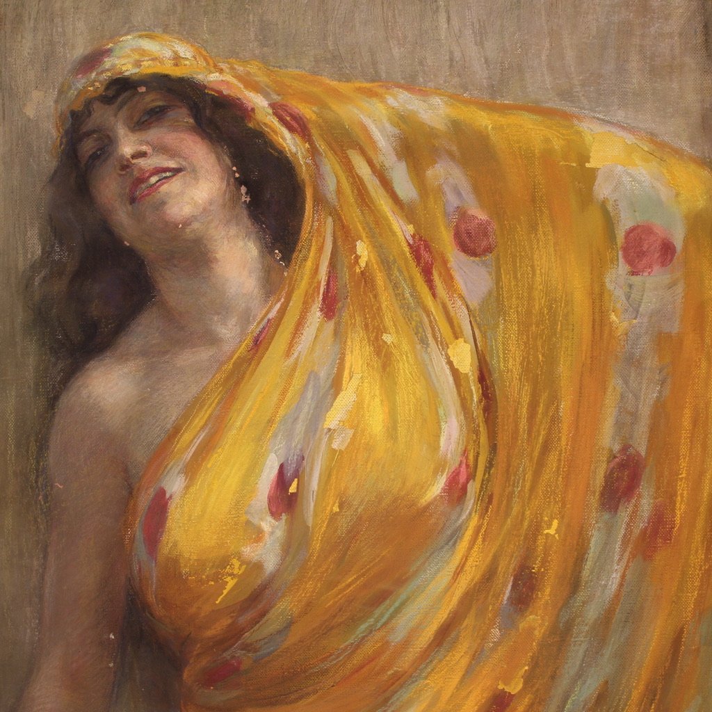 Grande quadro firmato A. Mazza e datato 1912, ritratto di donna orientale  -photo-5