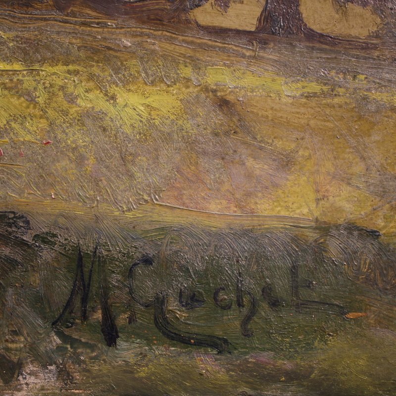Dipinto italiano del XX secolo, veduta di campagna con personaggi -photo-3