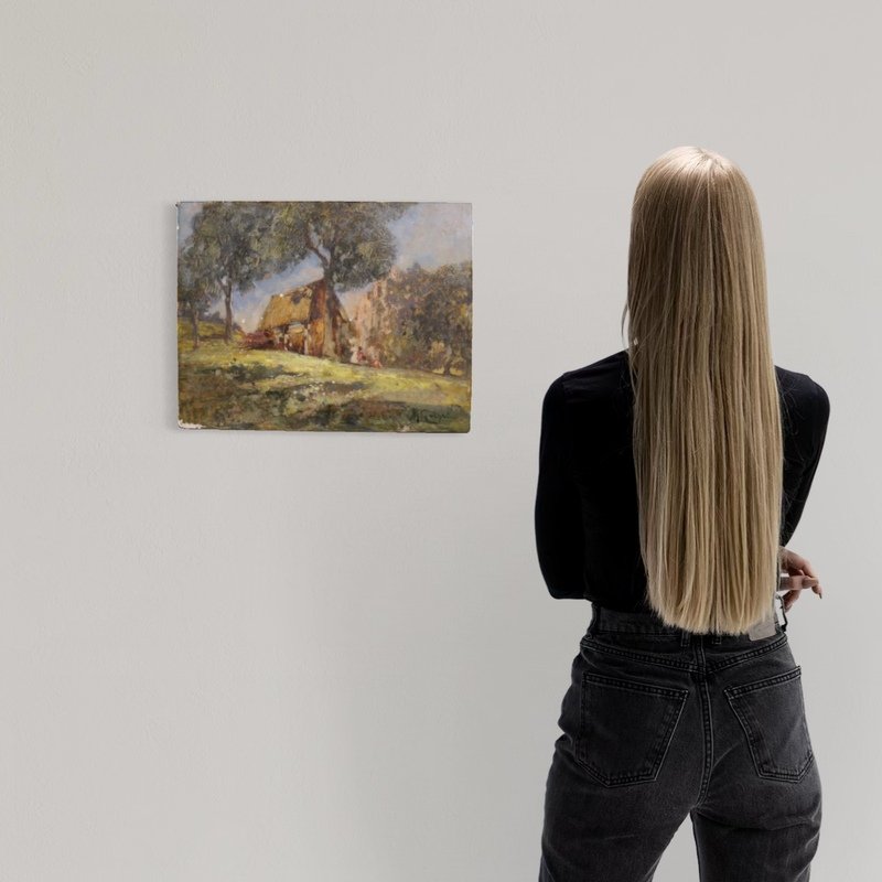 Dipinto italiano del XX secolo, veduta di campagna con personaggi -photo-1