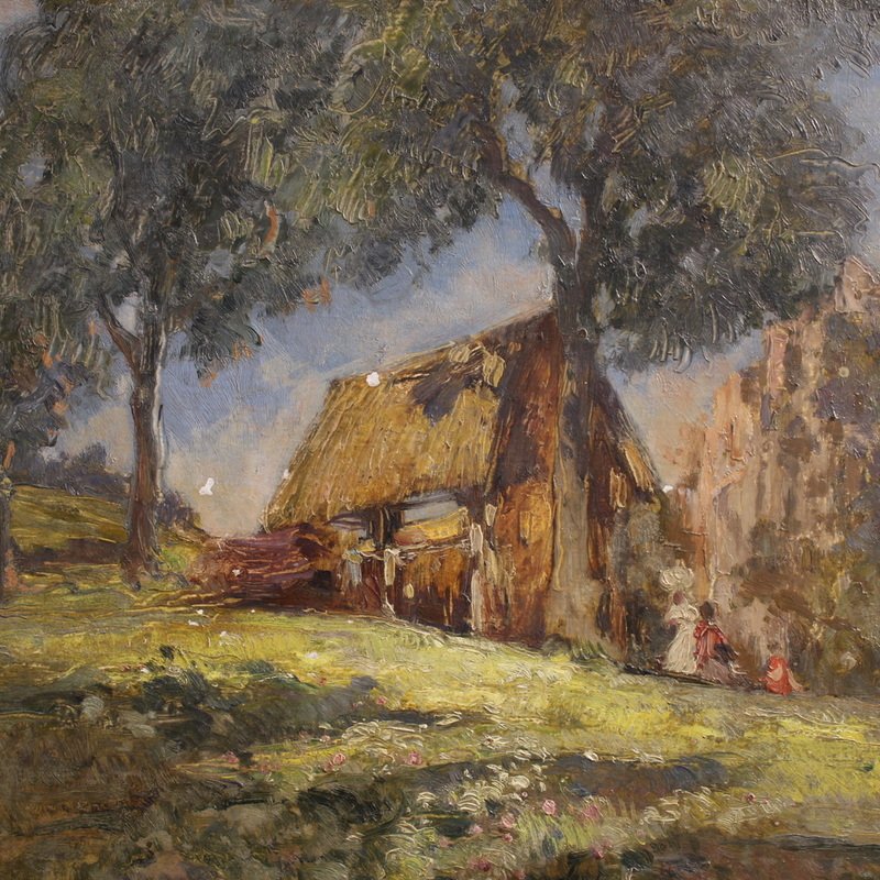 Dipinto italiano del XX secolo, veduta di campagna con personaggi -photo-4