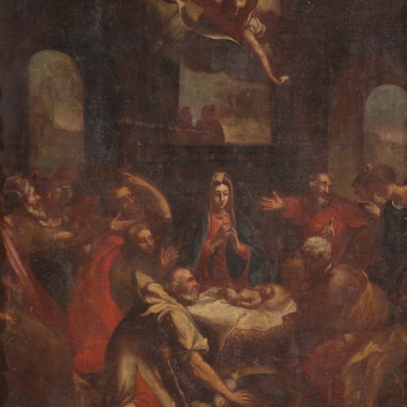 Antico dipinto italiano del XVII secolo, Adorazione dei pastori-photo-2