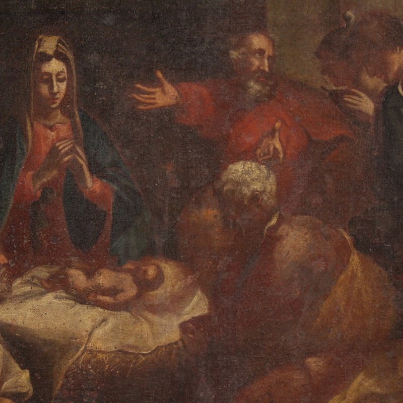Antico dipinto italiano del XVII secolo, Adorazione dei pastori-photo-2