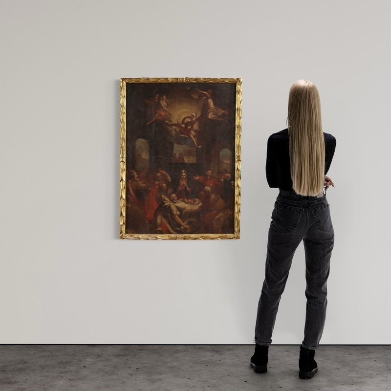 Antico dipinto italiano del XVII secolo, Adorazione dei pastori-photo-6