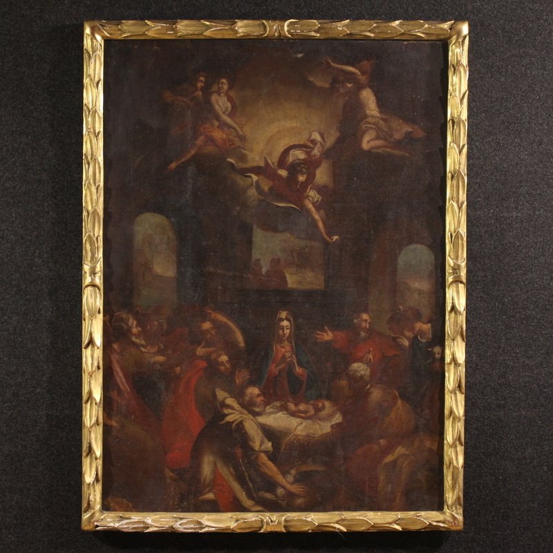 Antico dipinto italiano del XVII secolo, Adorazione dei pastori