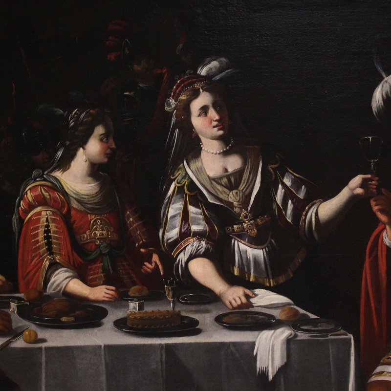 Grande dipinto italiano del XVII secolo, il banchetto tra Marco Antonio e Cleopatra  -photo-2