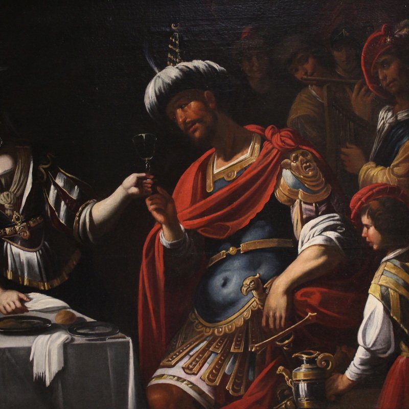 Grande dipinto italiano del XVII secolo, il banchetto tra Marco Antonio e Cleopatra  -photo-3
