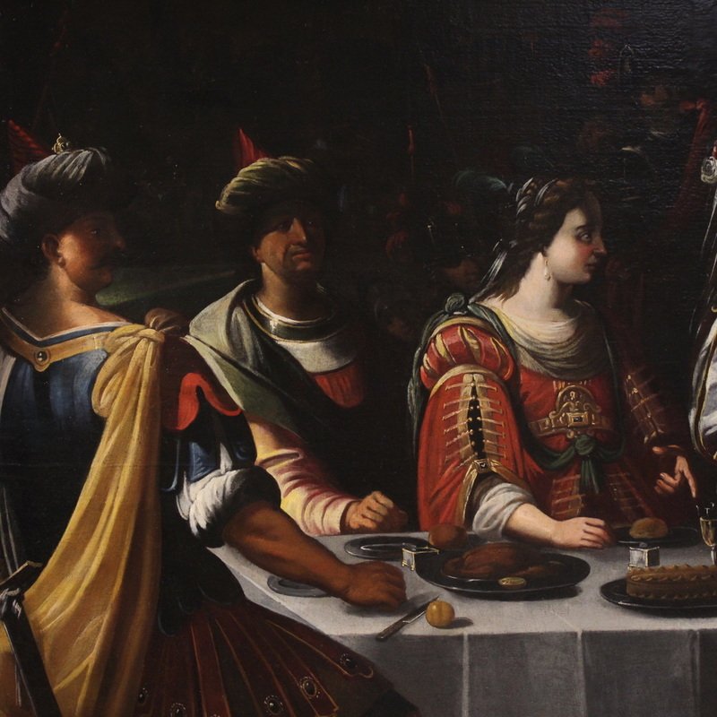 Grande dipinto italiano del XVII secolo, il banchetto tra Marco Antonio e Cleopatra  -photo-3