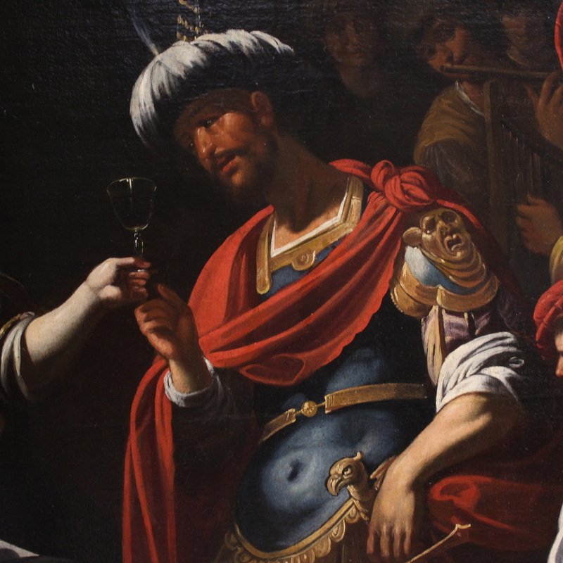 Grande dipinto italiano del XVII secolo, il banchetto tra Marco Antonio e Cleopatra  -photo-4