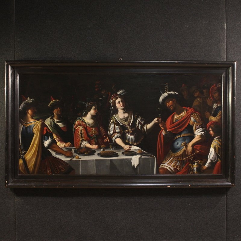 Grande dipinto italiano del XVII secolo, il banchetto tra Marco Antonio e Cleopatra  