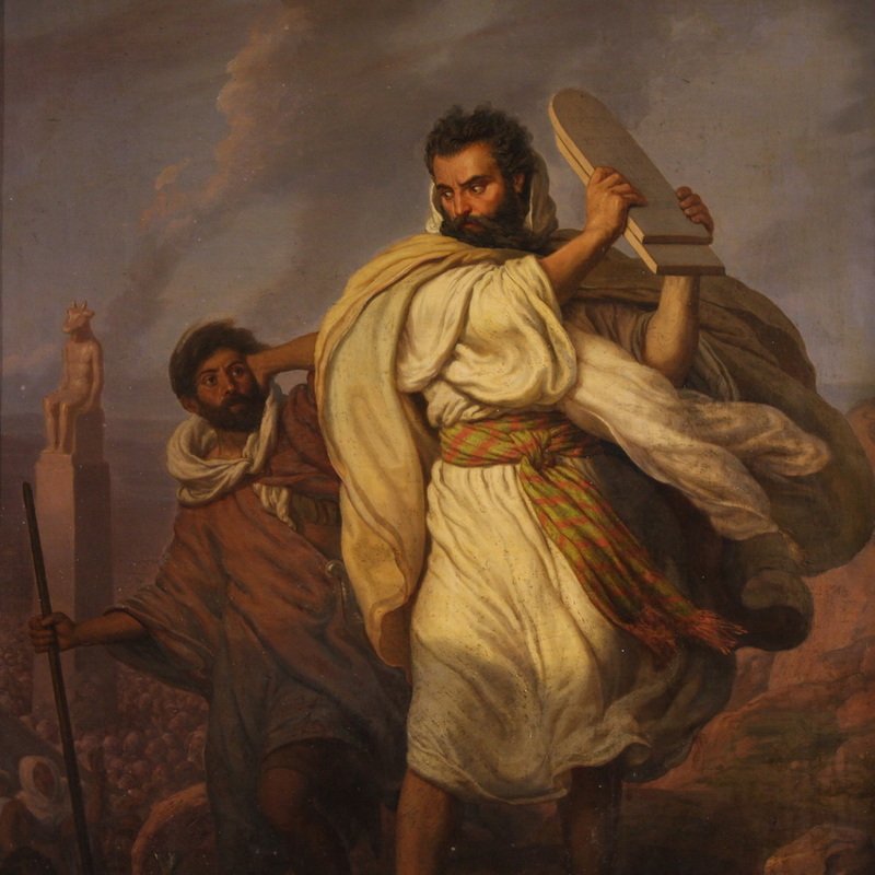 Quadro italiano firmato Focosi e datato 1852, Mosè che infrange le tavole della legge  -photo-2