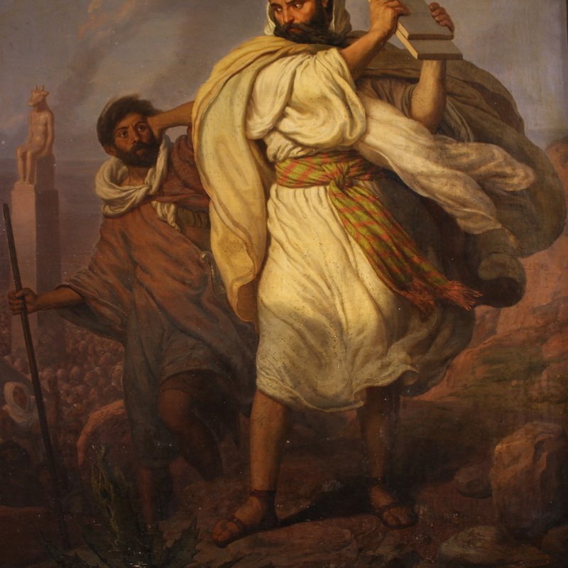 Quadro italiano firmato Focosi e datato 1852, Mosè che infrange le tavole della legge  -photo-4