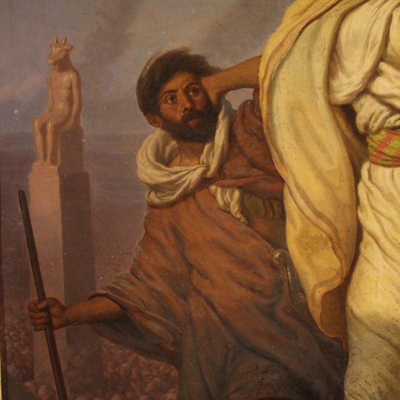 Quadro italiano firmato Focosi e datato 1852, Mosè che infrange le tavole della legge  -photo-2