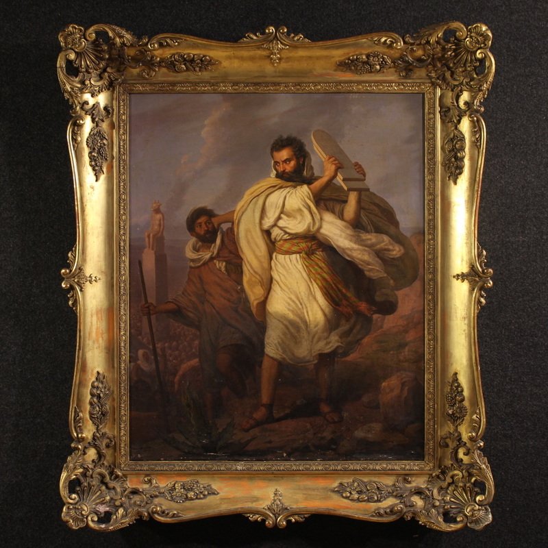 Quadro italiano firmato Focosi e datato 1852, Mosè che infrange le tavole della legge  