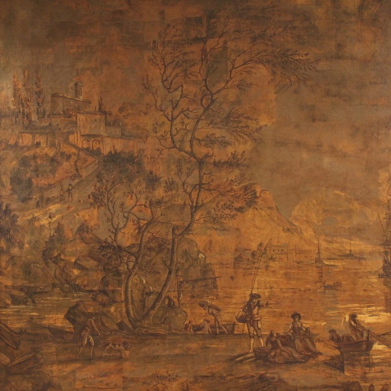 Grande quadro italiano del XVIII secolo, paesaggio con veduta di porto e velieri -photo-3
