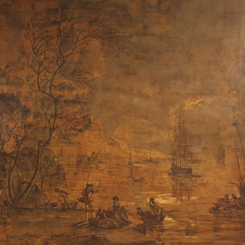 Grande quadro italiano del XVIII secolo, paesaggio con veduta di porto e velieri -photo-4