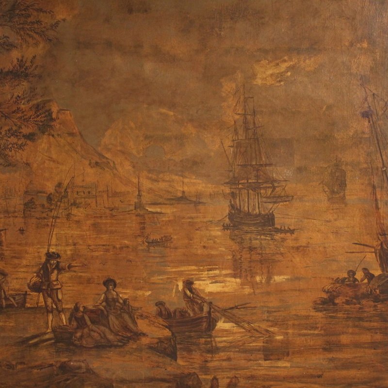 Grande quadro italiano del XVIII secolo, paesaggio con veduta di porto e velieri -photo-1