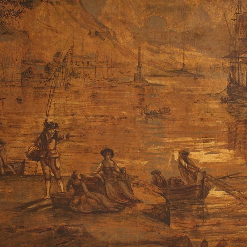 Grande quadro italiano del XVIII secolo, paesaggio con veduta di porto e velieri -photo-2
