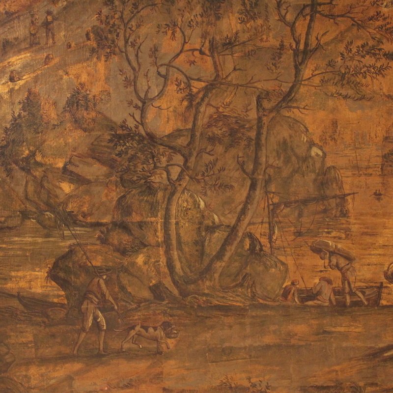 Grande quadro italiano del XVIII secolo, paesaggio con veduta di porto e velieri -photo-3