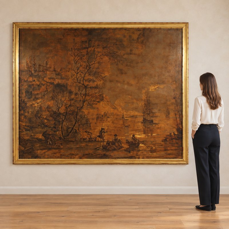 Grande quadro italiano del XVIII secolo, paesaggio con veduta di porto e velieri -photo-5