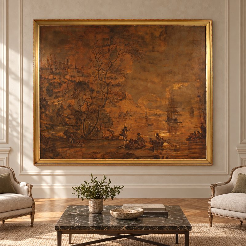 Grande quadro italiano del XVIII secolo, paesaggio con veduta di porto e velieri -photo-6