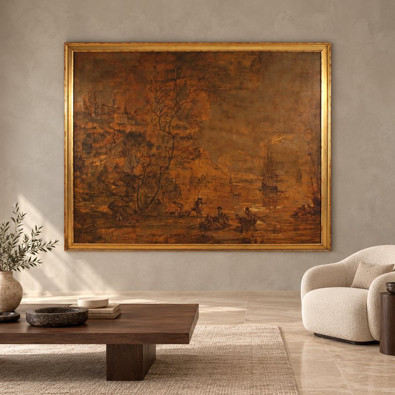 Grande quadro italiano del XVIII secolo, paesaggio con veduta di porto e velieri -photo-7