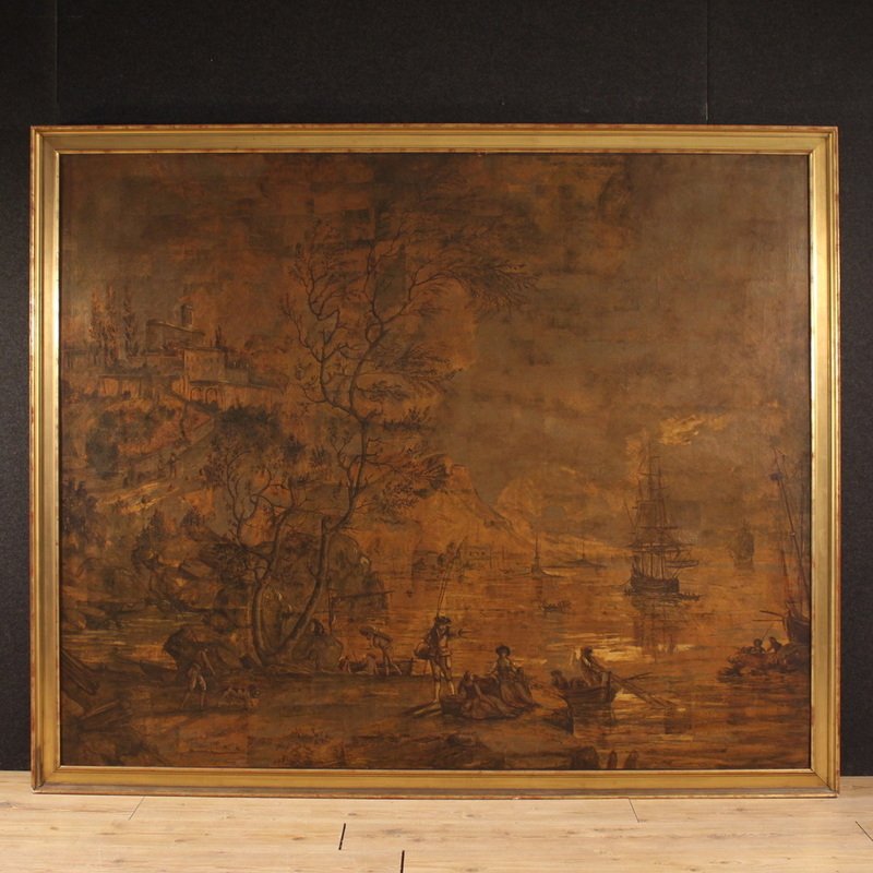 Grande quadro italiano del XVIII secolo, paesaggio con veduta di porto e velieri 