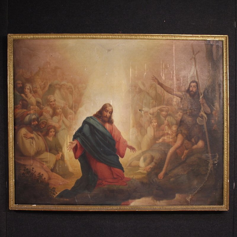 Antico dipinto italiano del XIX secolo, il battesimo di Gesù 
