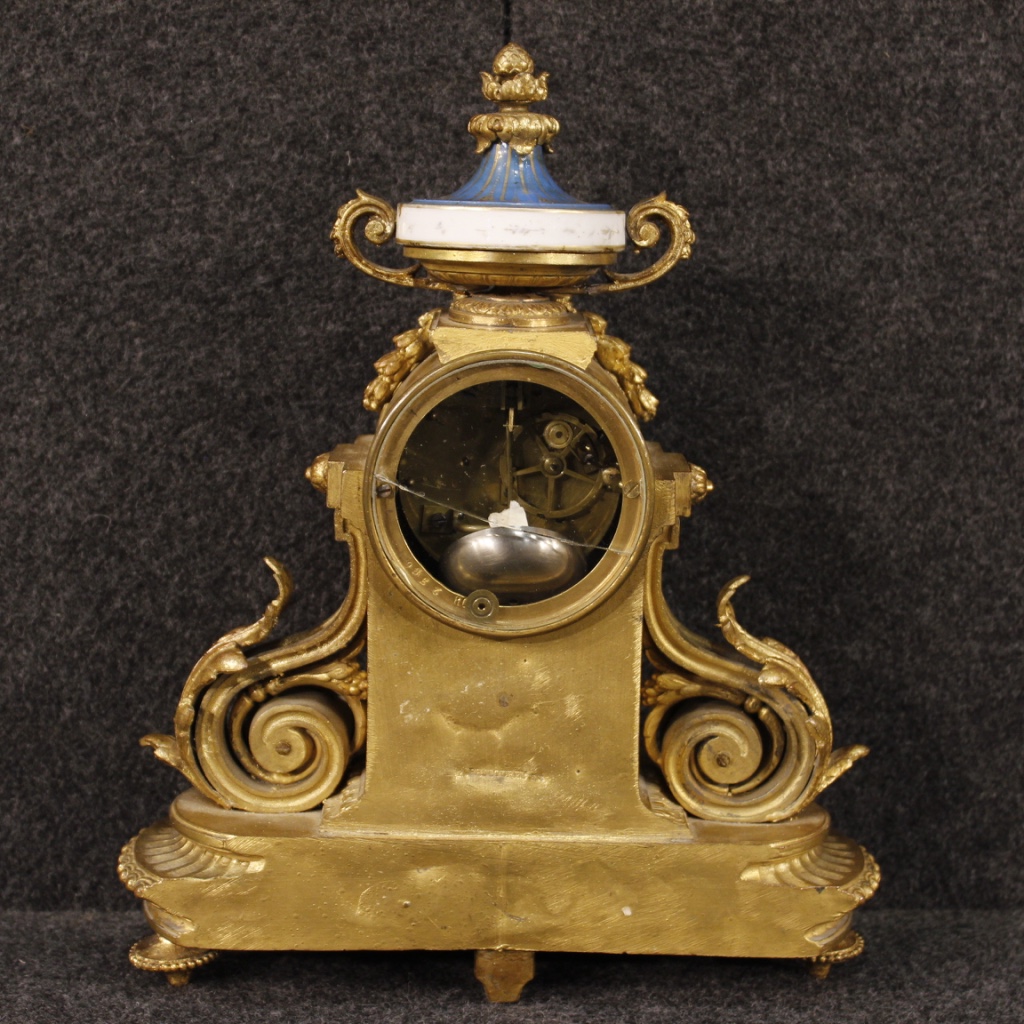 Orologio francese in bronzo o ottone dorati con ceramica dipinta-photo-4