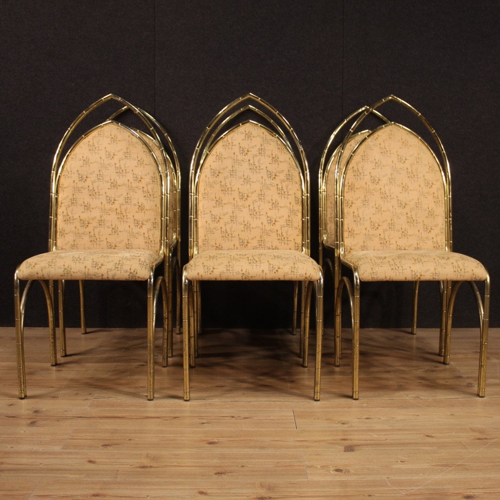 Sei sedie italiane di design in metallo dorato-photo-2