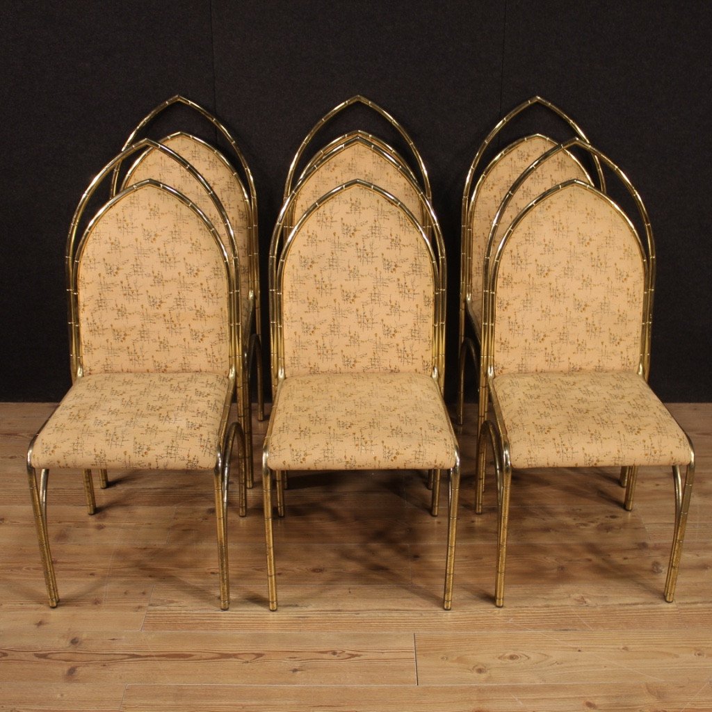 Sei sedie italiane di design in metallo dorato-photo-3