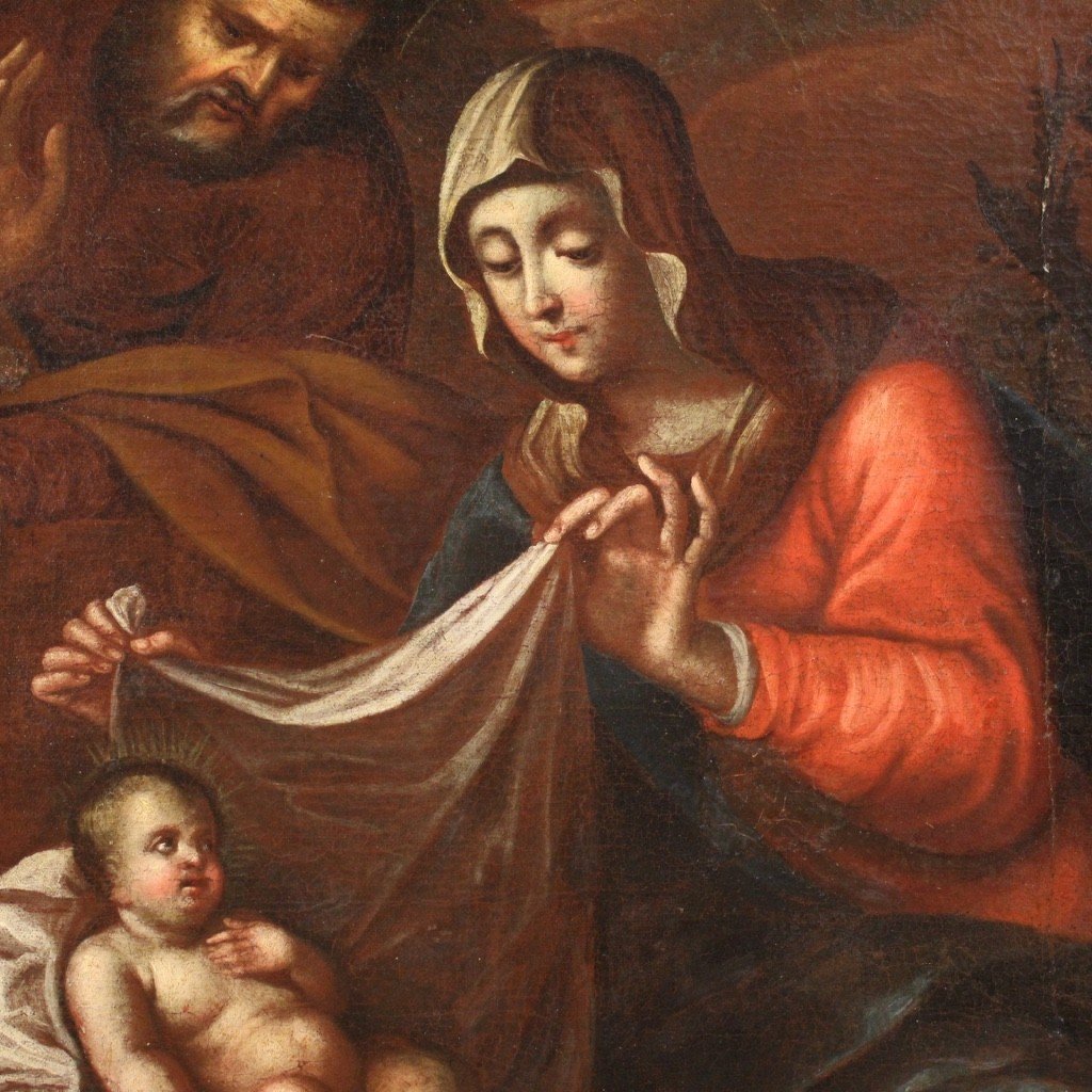 Antico dipinto religioso Sacra Famiglia del XVIII secolo-photo-3