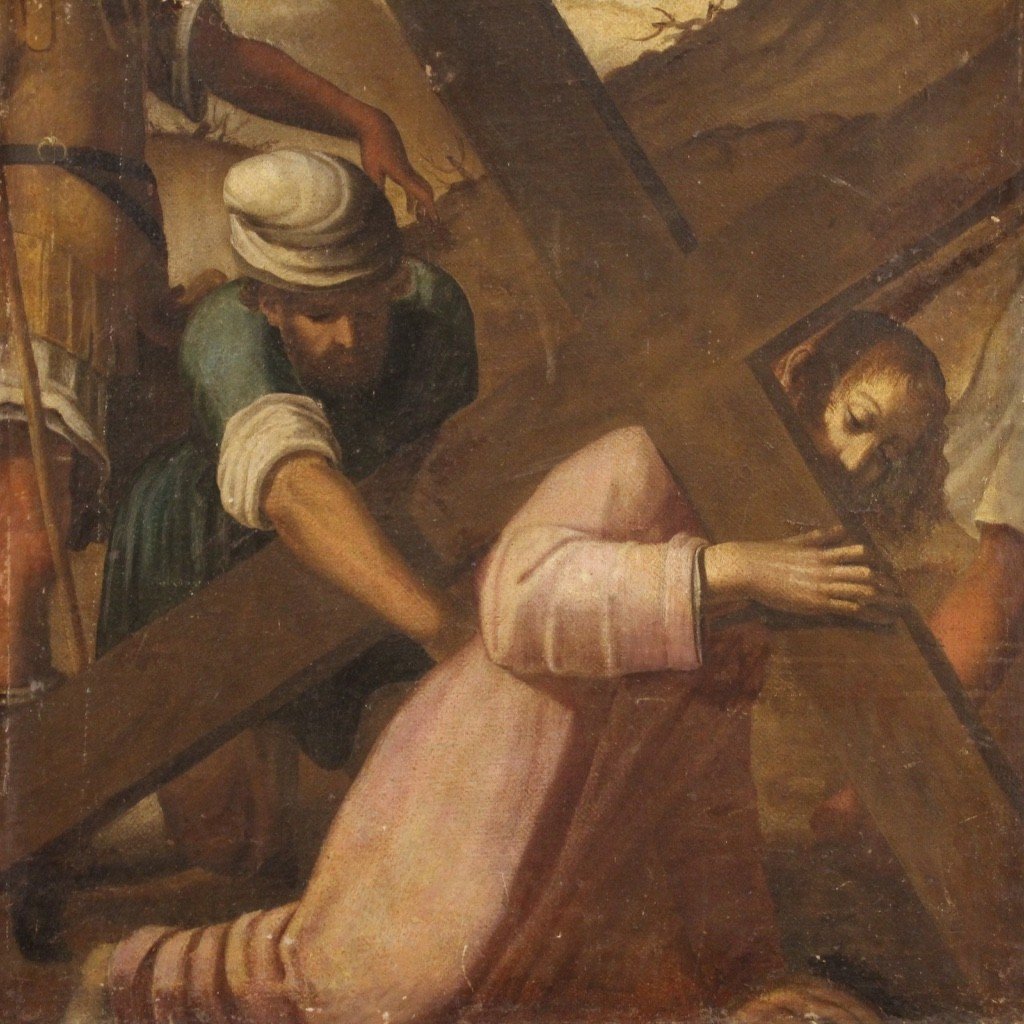 Antico dipinto Salita al Calvario del XVII secolo-photo-3