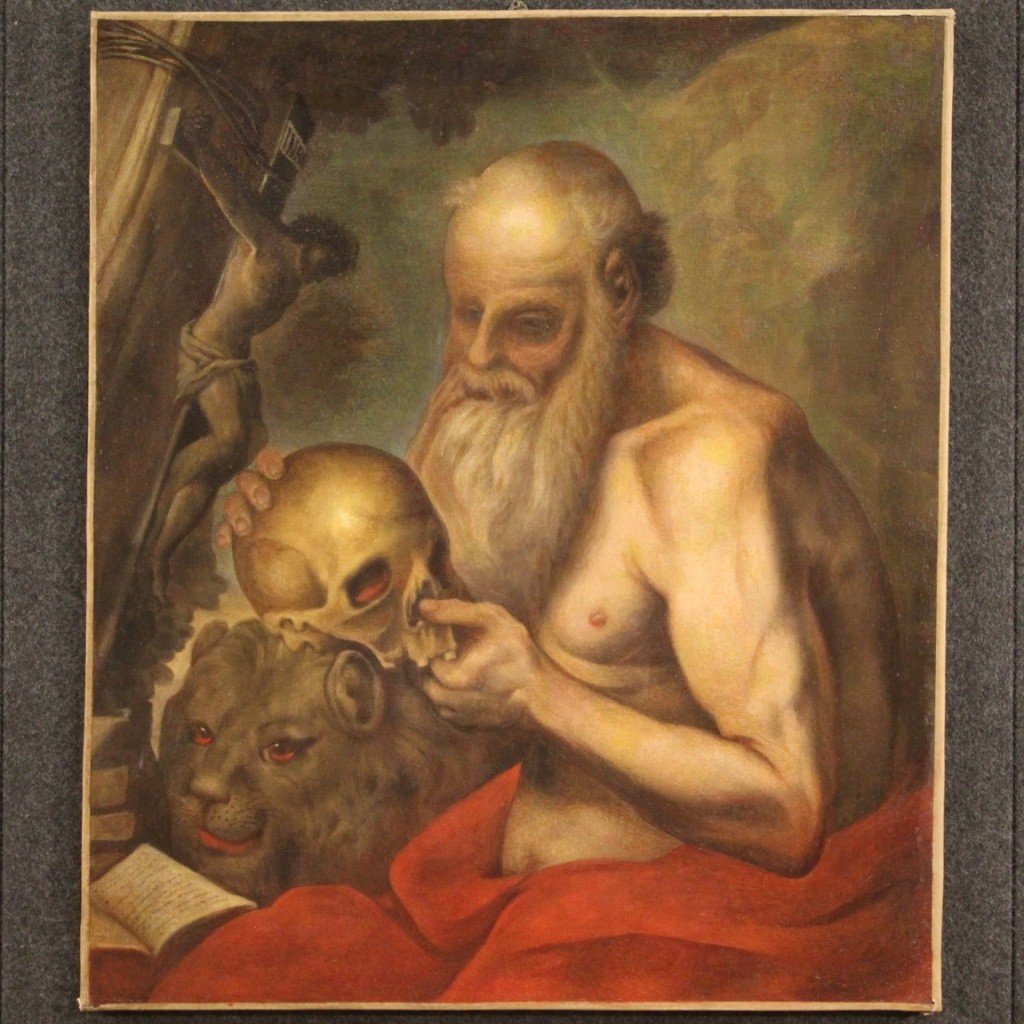 Antico dipinto religioso del XVII secolo, San Girolamo-photo-2