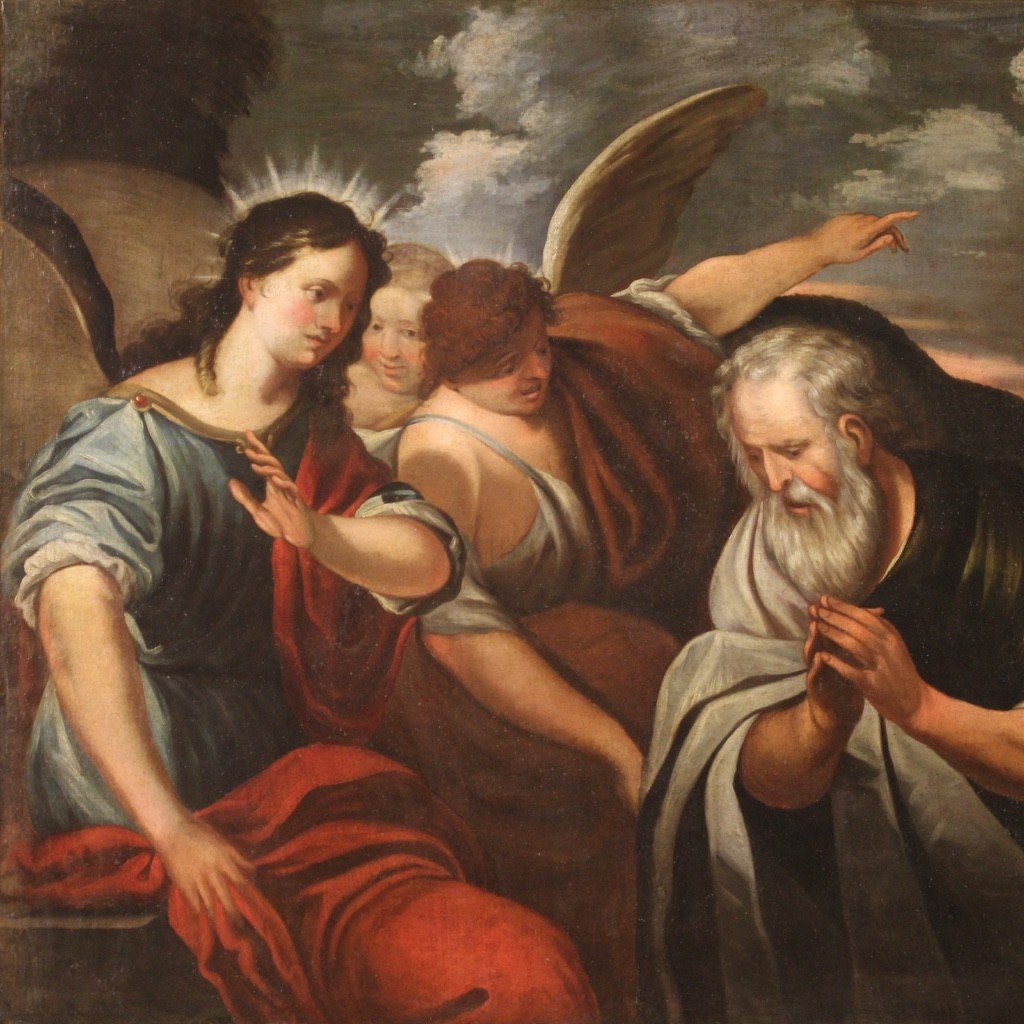 Antico dipinto del XVIII secolo, Abramo e gli angeli-photo-2