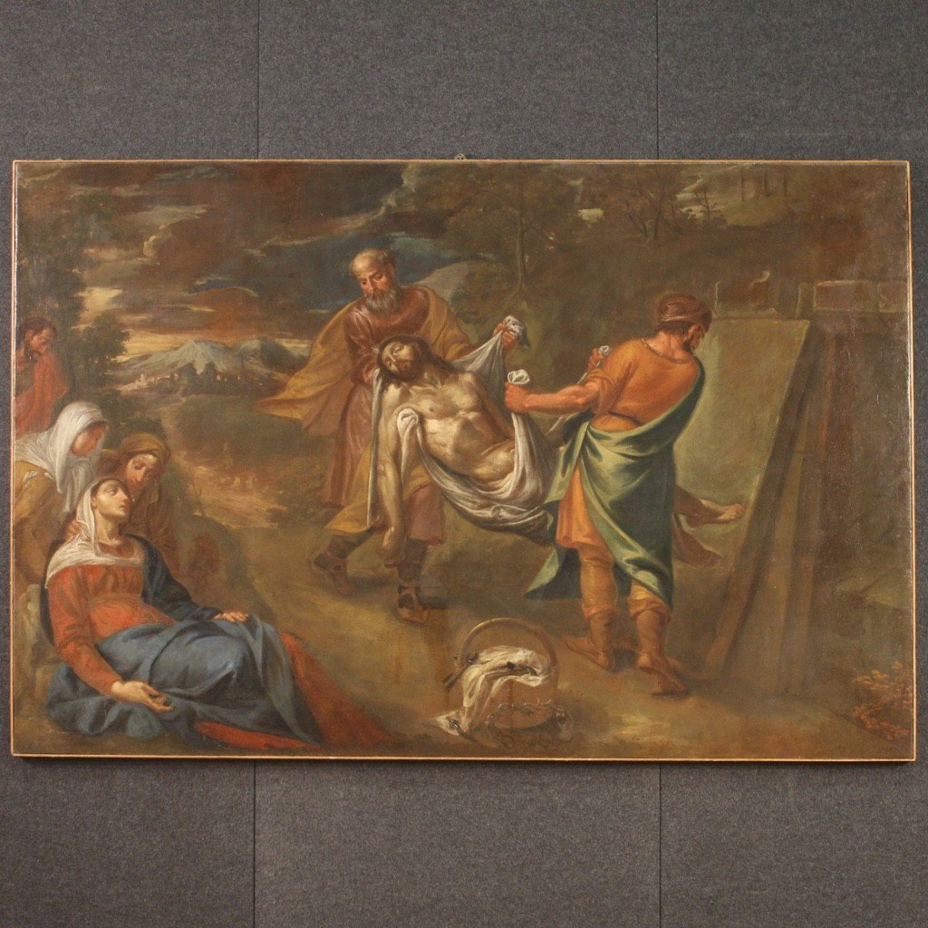 Grande quadro religioso del XVII secolo, Trasporto di Cristo al sepolcro-photo-2