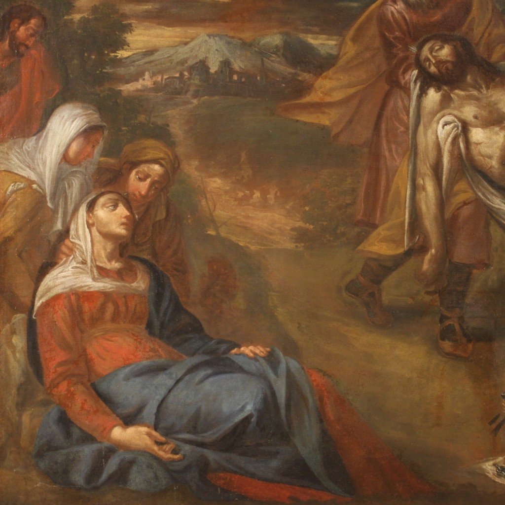 Grande quadro religioso del XVII secolo, Trasporto di Cristo al sepolcro-photo-1